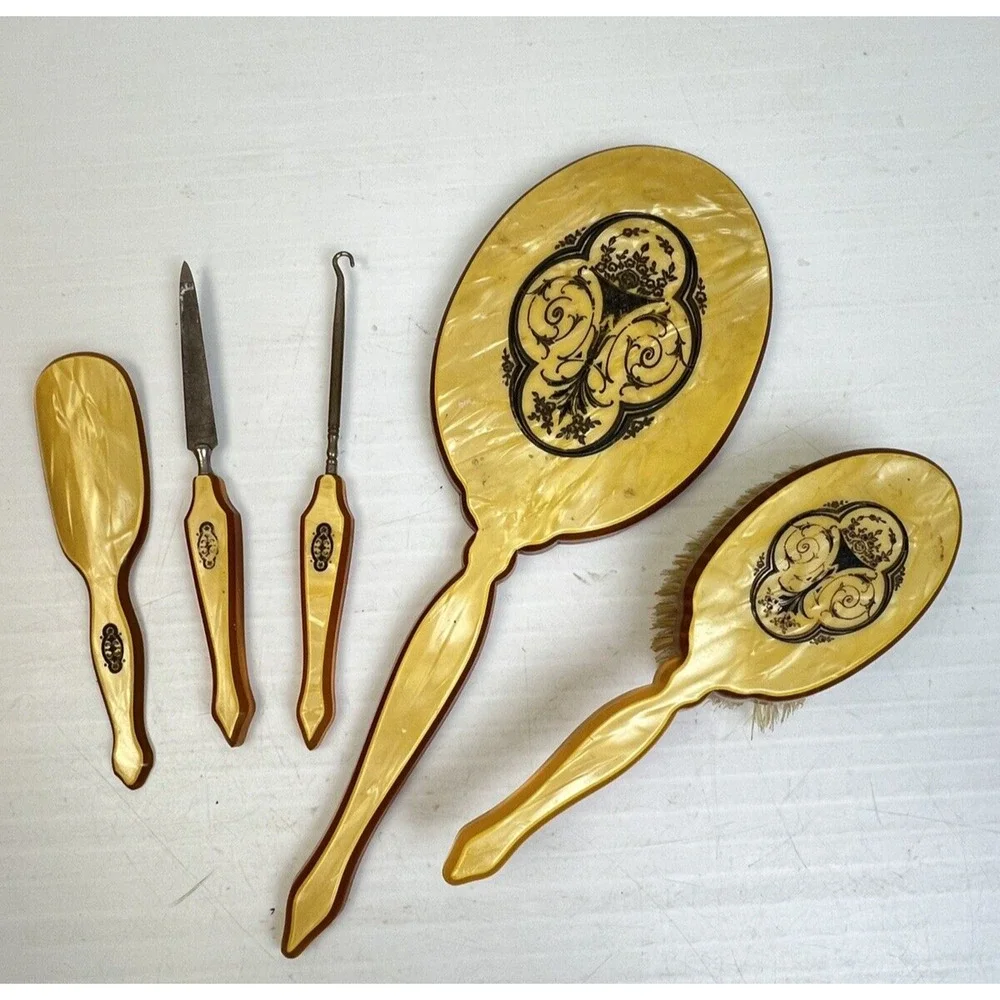 Vintage Vanity Set Brush Mirror Nail File Shoe Horn & Hook Bakelite Glamour